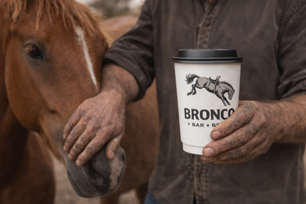 A rancher holding a Bronco Bar and Brew branded coffee cup representing open country values