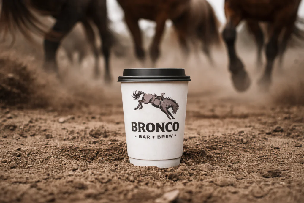 Bronco Bar and Brew coffee cup on open ground, Brevard County mobile bar and coffee trailer service