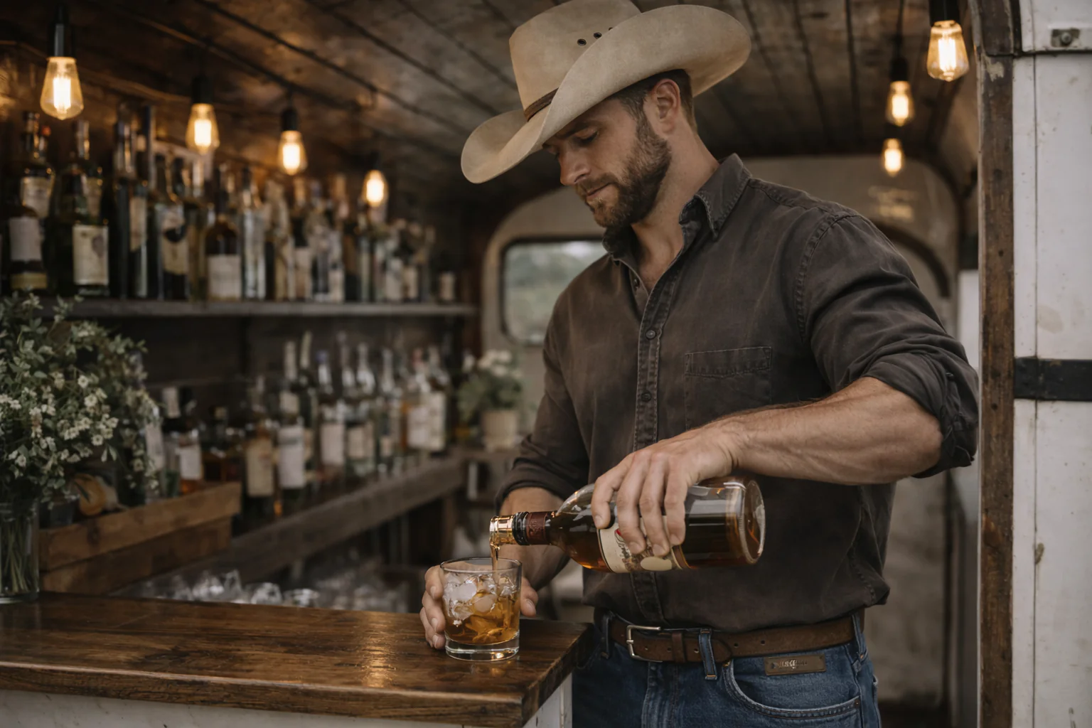 Brevard County mobile bar bartender pouring a handcrafted cocktail at a Bronco Bar and Brew event
