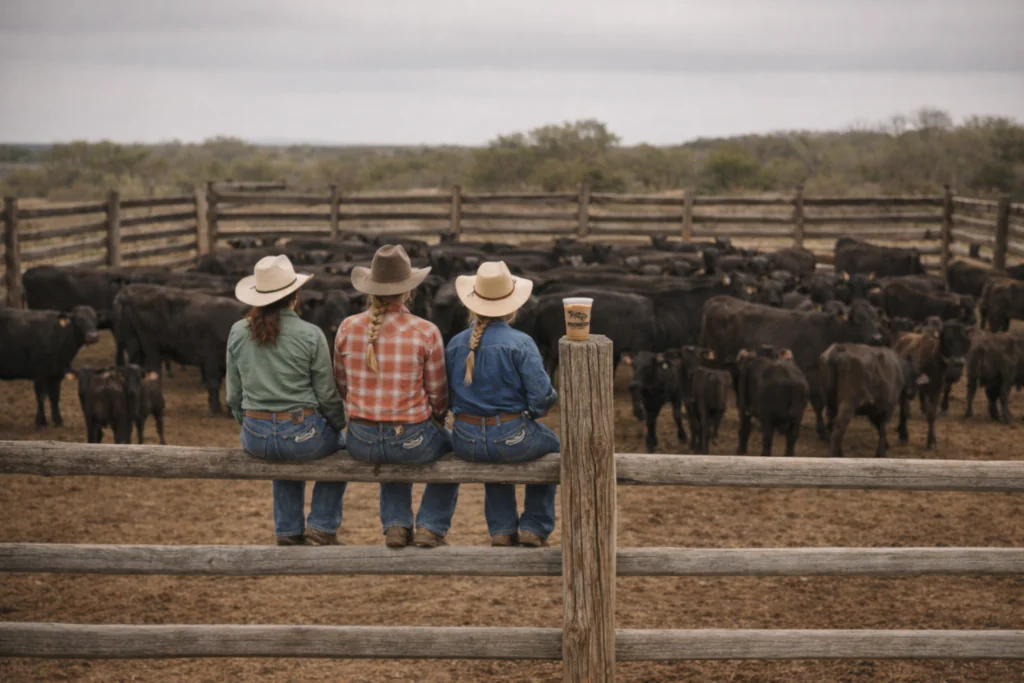 Three cowgirls in western attire sitting on a ranch fence with a Bronco Bar + Brew iced coffee sitting on the fence post next to them.