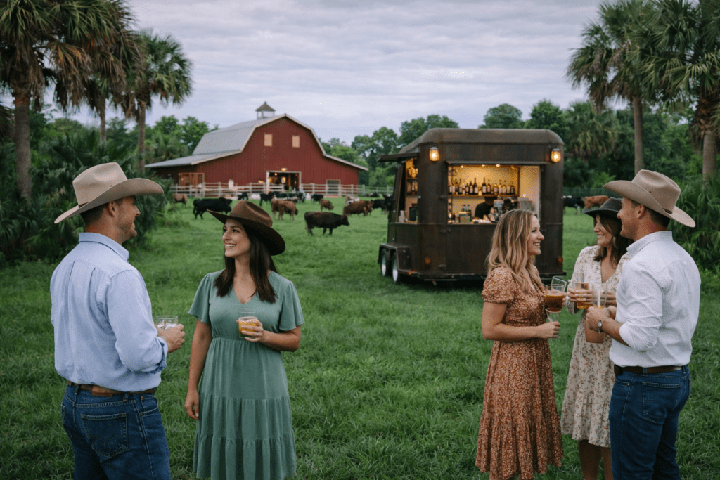 Bar and event services in Brevard County Florida. Mobile bar parked at barn venue serving wedding guests.